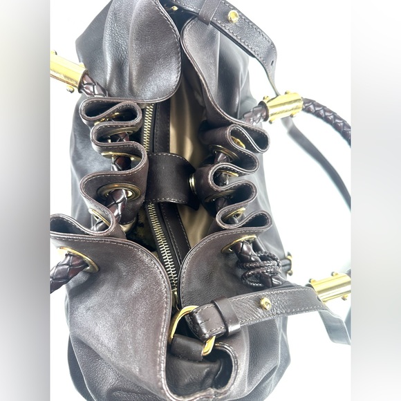 Michael Kors Brown Leather Medium Hobo Shoulder Bag Round Woven Handles Grommets - Picture 9 of 11